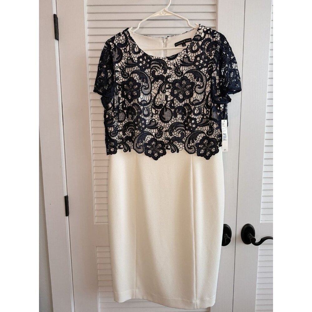Preston & York Lace Overlay Sheath Dress Navy Cream Women’s Size 14 NWT